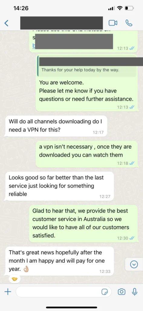 WhatsApp review message praising TVavo IPTV stability